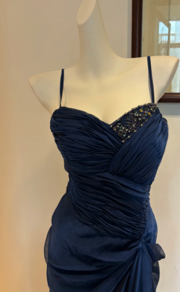 Niulatu Sweetheart Sheath Chiffon Long Prom Dresses, Navy Blue Formal Evening Dresses HZ1026